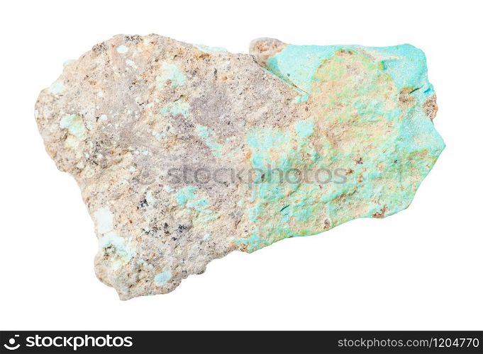 closeup of sample of natural mineral from geological collection - unpolished Turquoise rock isolated on white background. unpolished Turquoise rock isolated on white