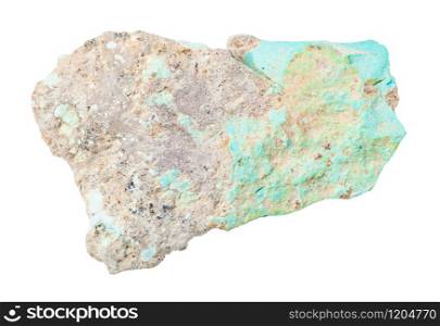 closeup of sample of natural mineral from geological collection - unpolished Turquoise rock isolated on white background. unpolished Turquoise rock isolated on white