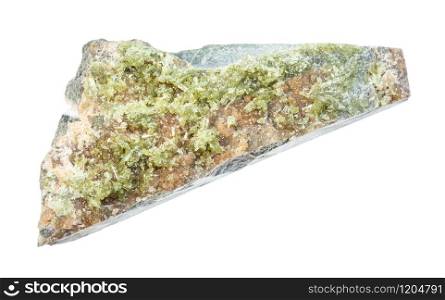 closeup of sample of natural mineral from geological collection - Vesuvianite crystals on unpolished rock isolated on white background. Vesuvianite crystals on unpolished rock isolated