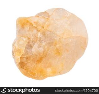 closeup of sample of natural mineral from geological collection - yellow Calcite pebble isolated on white background. yellow Calcite pebble isolated on white