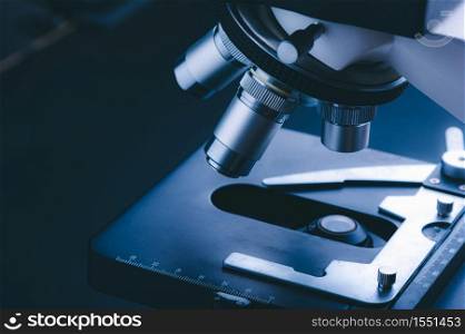 Closeup of Scientific microscope with metal lens in the laboratory, laboratory equipment - optical microscope.