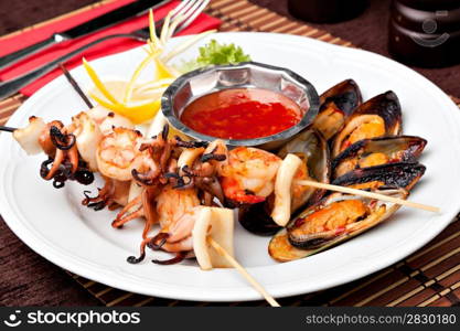 closeup of Seafood Kebab and mussel. Seafood