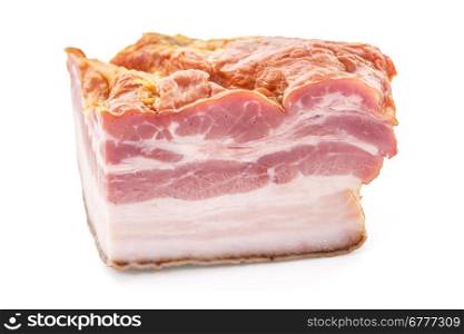 Closeup of Smoked Bacon Slab Cut over white background, Shallow Focus, Horizontal shot