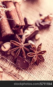 Closeup of star anise and cinnamon sticks