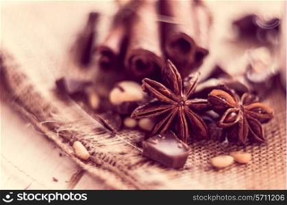 Closeup of star anise and cinnamon sticks