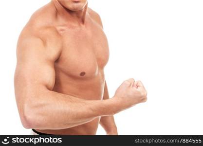 Closeup of strong arm bodybuilder over white isolated background