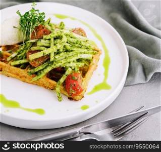 Closeup of tasty vegan potato waffle with pesto and fresh natural vegetables