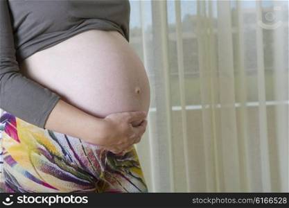 Closeup of the belly of pregnant woman at home