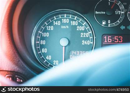 Closeup of the dashboard of a sports car, tachometer and fuel indicator
