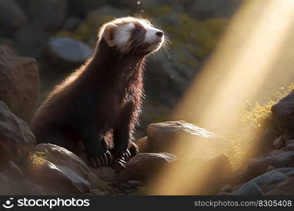 Closeup of the ferret in the nature. Ferret on the hunt. Neural network AI generated art. Closeup of the ferret in the nature. Ferret on the hunt. Neural network AI generated