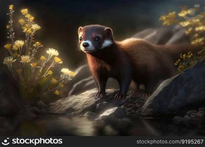Closeup of the ferret in the nature. Ferret on the hunt. Neural network AI generated art. Closeup of the ferret in the nature. Ferret on the hunt. Neural network AI generated