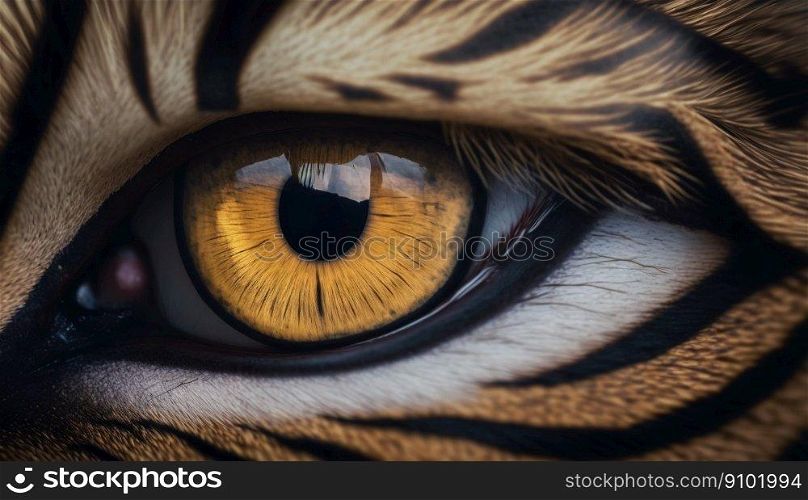 Closeup of tiger eye. Macro of animal eye. Generative AI.. Closeup of tiger eye. Macro of animal eye. Generative AI