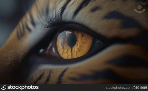 Closeup of tiger eye. Macro of animal eye. Generative AI.. Closeup of tiger eye. Macro of animal eye. Generative AI