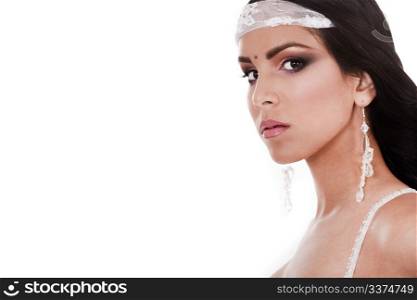 Closeup of traditional asian bride in white background