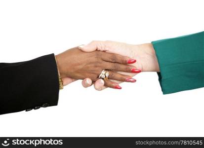 Closeup of two diverse female business people shaking hands. Isolated on white with clipping path.