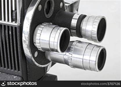 closeup of Vintage three lens photo camera