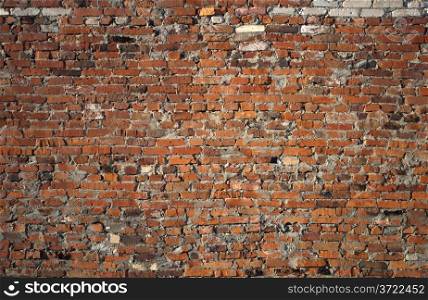 Closeup of weathered red brick wall background