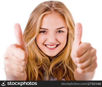 Closeup of women showing thumbs up in both hands on a isolated white background