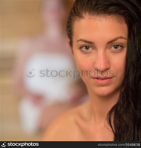 Closeup of young woman at sauna
