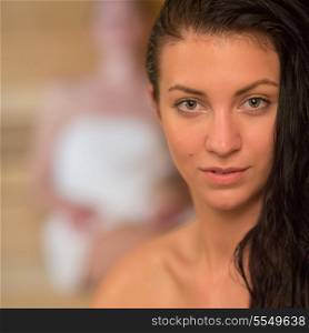 Closeup of young woman at sauna