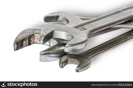 Closeup old set of wrenches isolated on white background
