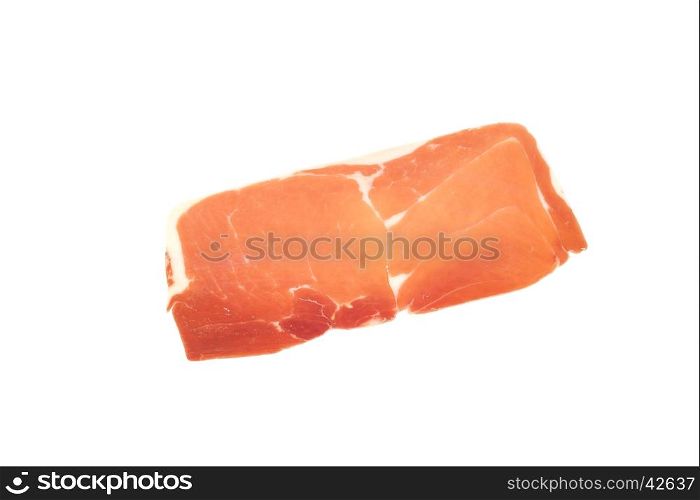 closeup on a piece of spanish serrano ham, isolated on white
