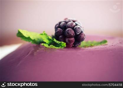 Closeup on a purple jelly pudding with a blackberry and mint leaves on top