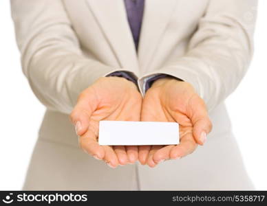 Closeup on business card in hand of business woman