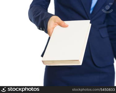 Closeup on business woman giving book