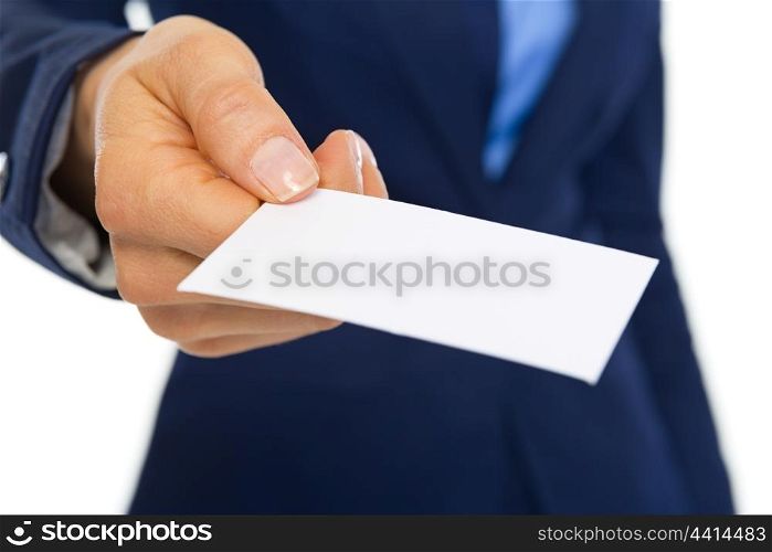 Closeup on business woman giving business card