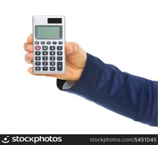 Closeup on business woman hand showing calculator