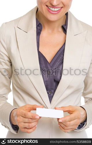 Closeup on business woman holding business card