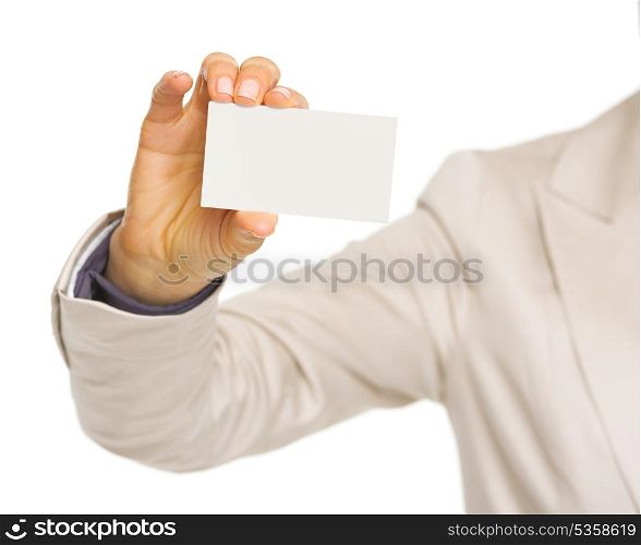 Closeup on business woman showing business card
