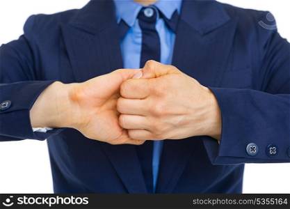 Closeup on business woman showing connection gesture