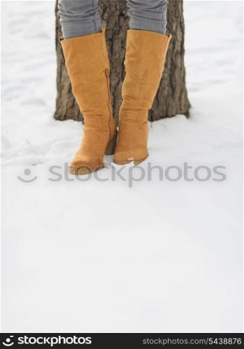 Closeup on female legs in winter boots on snow