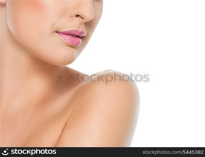 Closeup on female neck and mouth isolated on white
