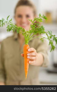 Closeup on fresh carrot in hand of housewife