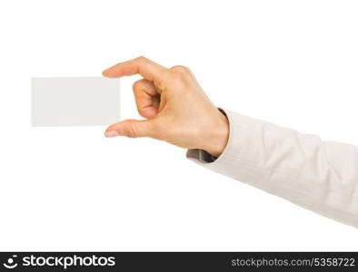 Closeup on hand of business woman holding business card