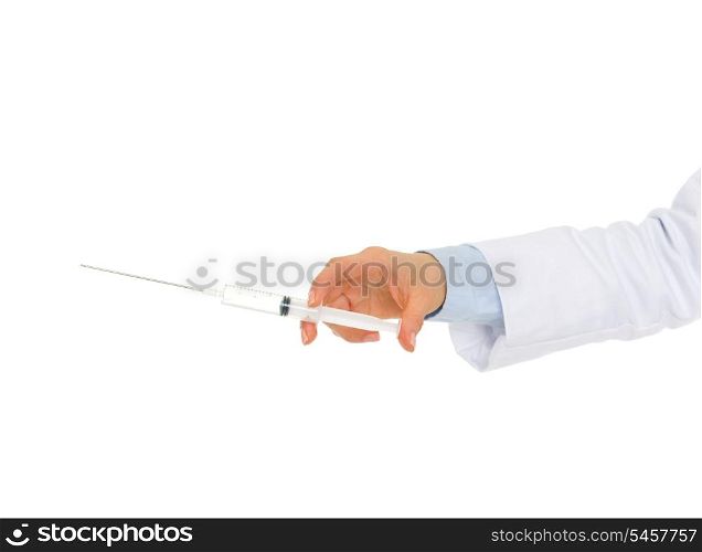 Closeup on hand of medical doctor holding syringe
