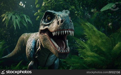 Closeup on head with sharp teeth of carnivorous dinosaur. Prehistoric predator. Generative AI.. Closeup on head with sharp teeth of carnivorous dinosaur. Prehistoric predator. Generative AI