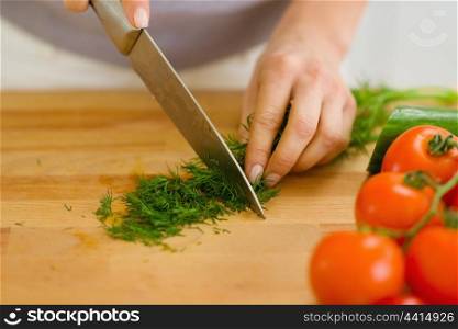 Closeup on housewife cutting fresh dill