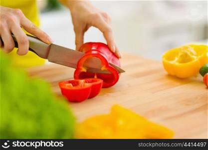 Closeup on housewife cutting red bell pepper on cutting board