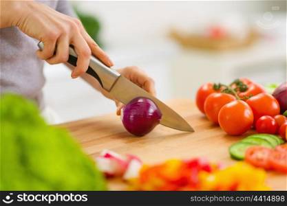 Closeup on housewife cutting red onion