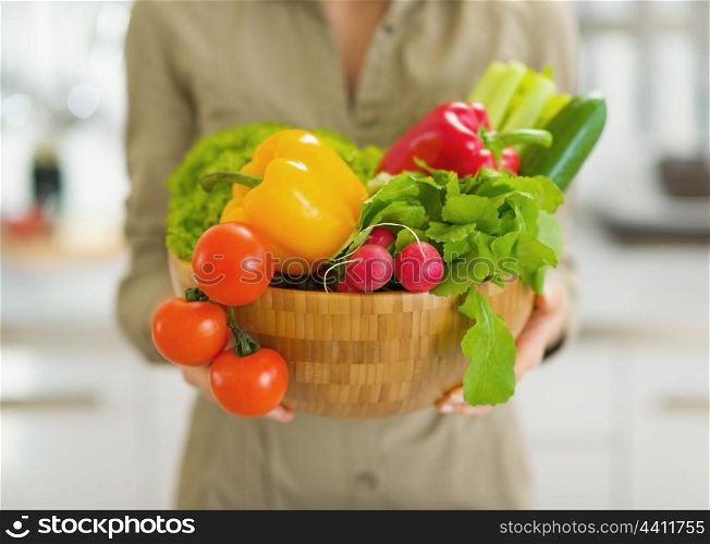 Closeup on plate full of vegetables in modern kitchen in hand of housewife
