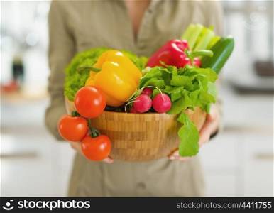Closeup on plate full of vegetables in modern kitchen in hand of housewife