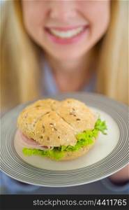 Closeup on plate with sandwich in hand of smiling teenager girl