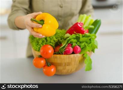 Closeup on plate with vegetables forming by housewife in kitchen