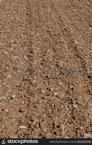 Closeup on ploughed field in early spring waiting for crops to grow