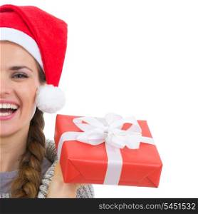 Closeup on smiling woman holding Christmas present box