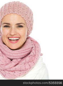 Closeup on smiling woman in knit winter clothes